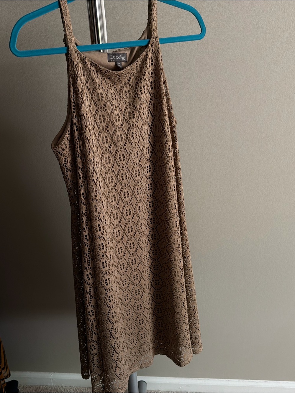 Luxology Beige Crochet Tank Mini Dress